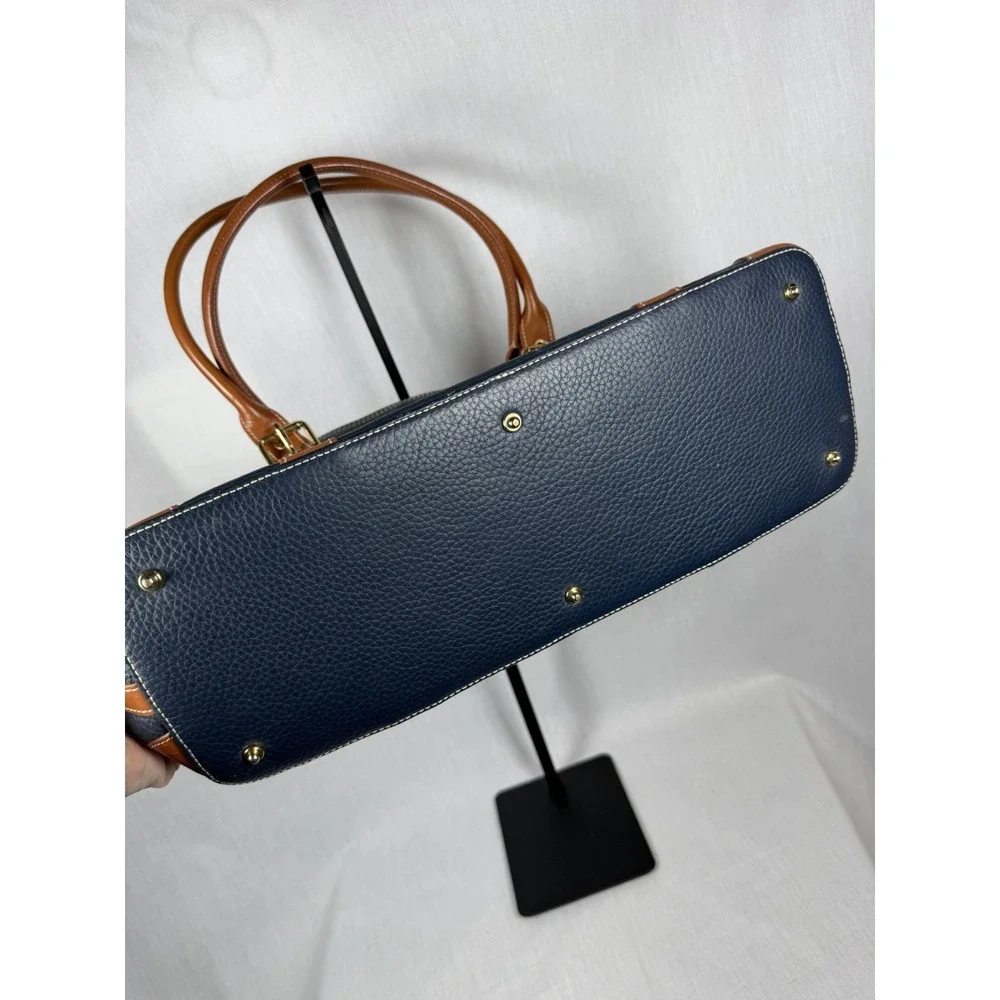 Dooney‎ & Bourke Pebbled Leather Domed Satchel Navy Tan Zip Shoulder Bag Luxury